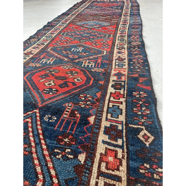 Antique Runner Protective Animals Wild Blues & Rusty Persimmon Rug 3.2 x 10.7 For Sale - Image 12 of 13