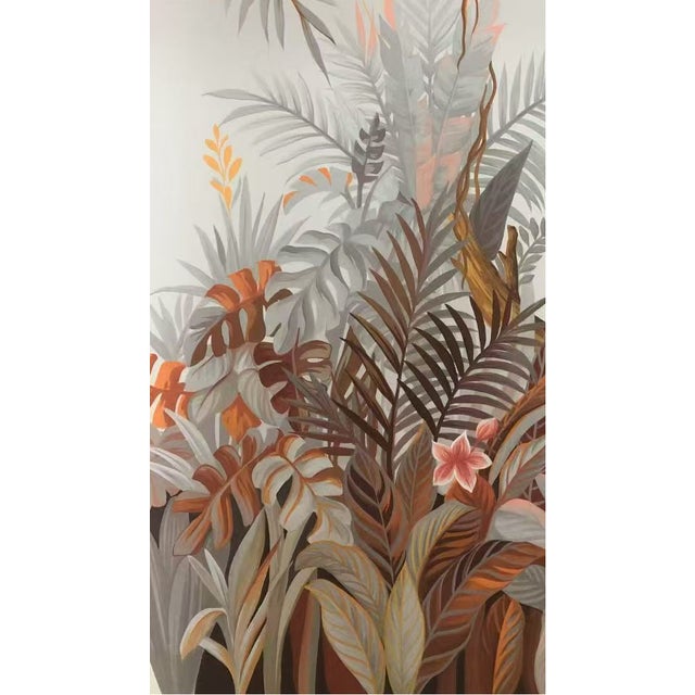 Traditional 36" * H96" * 2ps, Hand-Painted Vintage Jungle Sanctuary Jaguar & Toucan Tropical Mural For Sale - Image 3 of 5