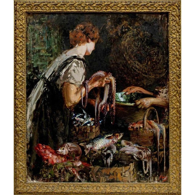 1920s Vincenzo Irolli, At the Fish Market, 1922, Oil on Canvas, Framed For Sale - Image 5 of 5