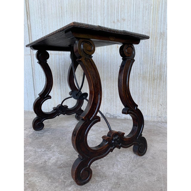 19th Century Spanish Side Table With Hand Carved Lyre Leg and Iron Stretcher For Sale - Image 6 of 9