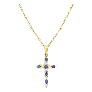 Half Carat Sapphire Diamond Necklace 14k Yellow Gold For Sale