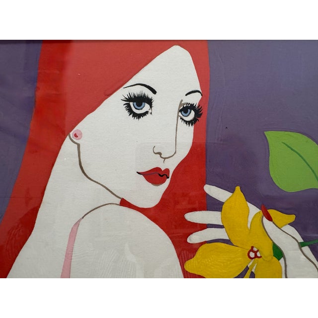 Bold, graphic original painting on paper depicting a white-skinned, red-haired woman surrounded by large yellow roses and...