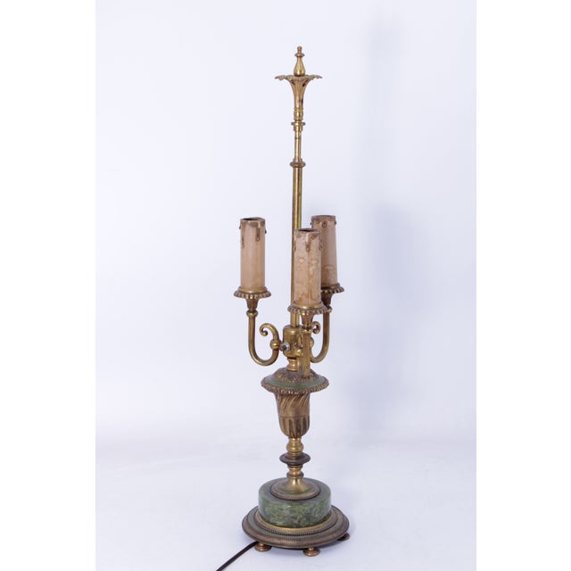 French Vintage Marble & Brass 3 Light Table Bouillotte Lamp For Sale - Image 3 of 16