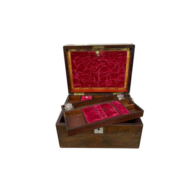 Antique Walnut Travel Jewelry Box W Inkwells & Secret Compartment For Sale - Image 4 of 5
