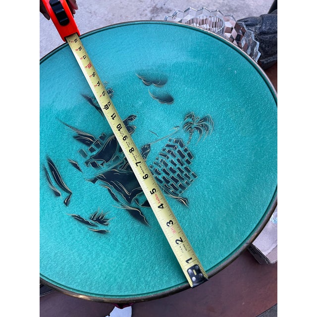 Teal Large Vintage Asian Teal Hand Painted Decorative Tray For Sale - Image 8 of 10