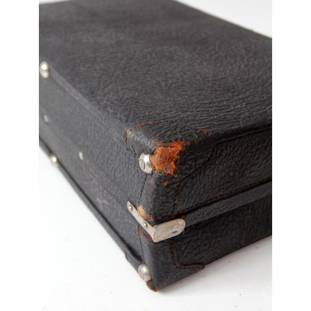 Vintage 1930s Belber Black Leather Suitcase With Green Interior For Sale - Image 6 of 18