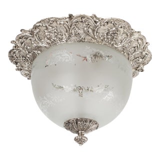 1950s Spanish Neo-Rococo Silver-Plated Cast Brass Plafond Flush Mount Ceiling Light For Sale