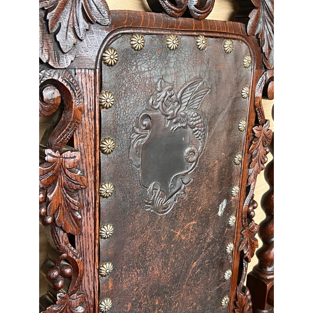 Brown Pair of Colonial Catalan Spanish Altar Armchairs With Carved Leather For Sale - Image 8 of 12