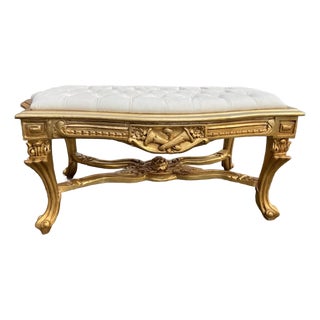 1950s French Gilt Beech Off-White Leather Bench For Sale