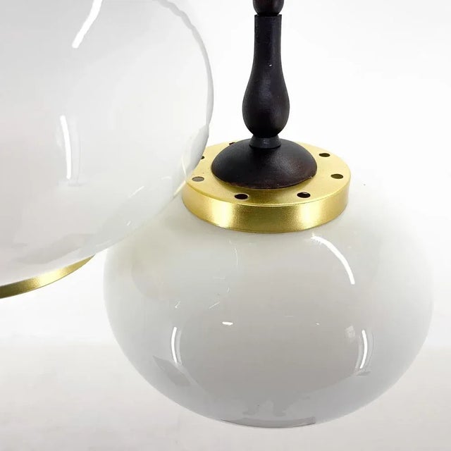 Mid-Century Wood, Milk Glass & Brass Cascade Chandelier, Poland, 1970s For Sale - Image 10 of 13