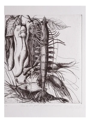 Angela Occhipinti, Yellow Bull Horns with Absinthe Prawns: Author's Proof, 1950, Engraving