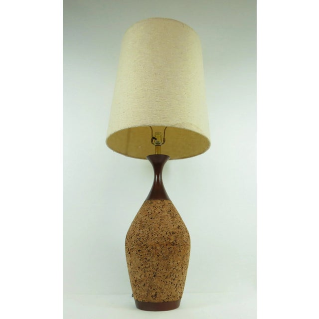 1960s Vintage Oversized Walnut and Cork Lamp With Shade For Sale - Image 9 of 11