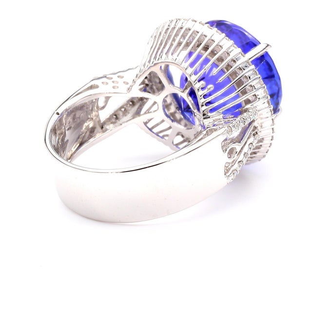 15.50 Carat Round Tanzanite & 1.50 Carat Diamond Double Halo 14k White Gold Ring, Size 6.5 For Sale - Image 4 of 10