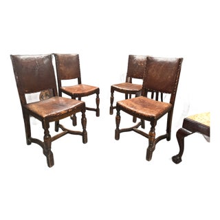 Set of 4 19th-Century English Cromwellian Leather & Oak Dining Chairs For Sale