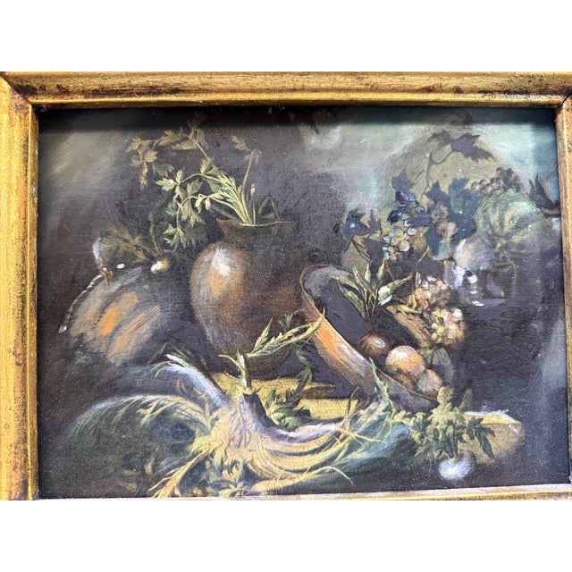 A richly atmospheric Italian natura morta (still life) print with hand-painted details, attributed to an anonymous artist...