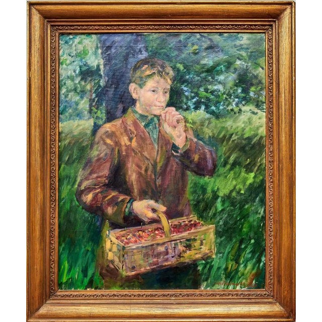 Brown Czech Artist, Boy with a Basket of Cherries, 1960, Oil on Canvas, Framed For Sale - Image 8 of 8