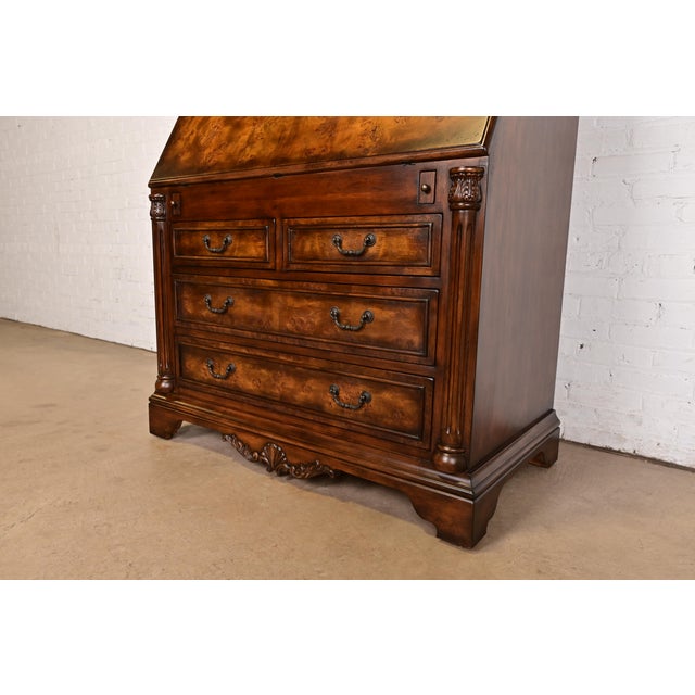 Brown Baker Furniture Style Georgian Carved Walnut and Burl Wood Bureau With Drop Front Secretary Desk For Sale - Image 8 of 13