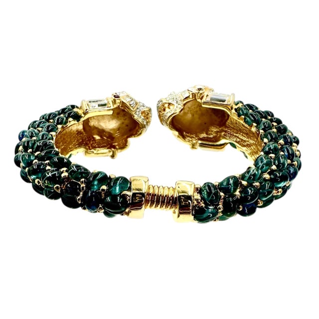 Metal 1990s Kenneth Jay Lane KJL Cuff Bracelet Crystal Blue Cabochons Hinged Opens Vintage For Sale - Image 7 of 10