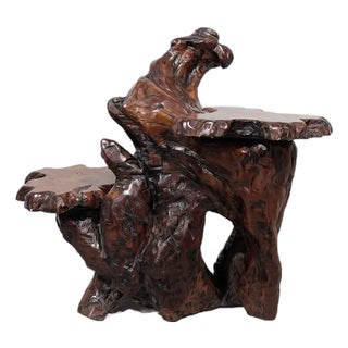 Carved Burl Wood Pedestal Plant Sculpture Stand / Coffee Table For Sale