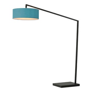 Stretch 87"h 1-Light Arc Lamp, Turquoise Linen Shade, Black Body, Dimmable, for Living Room or Bedroom For Sale