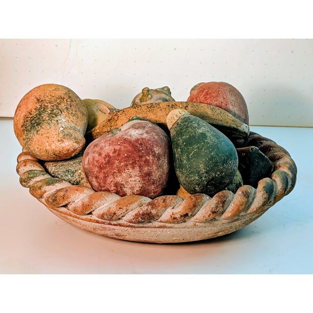 Large 16" Vintage Mexican Terracotta Centerpiece Bowl & 10-Piece Fruit Set For Sale - Image 4 of 6