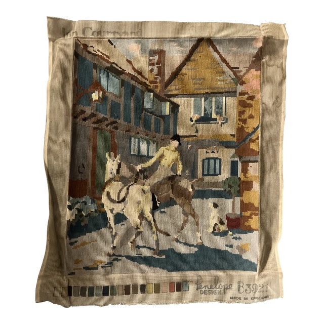 1950’s Hand Done Needlepoint Horse & Hound in Inn Courtyard English Design For Sale