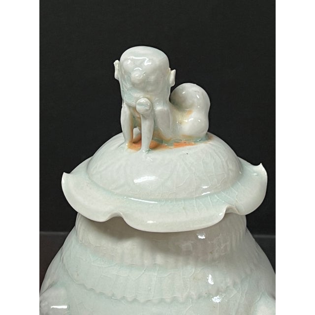 Late 20th Century Chinese Art Light Celadon Porcelain Covered Jar For Sale - Image 11 of 11