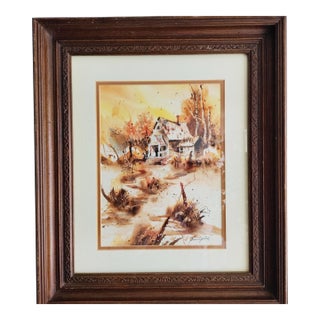 Watercolor Winter Farm Landscape by Beverly Fields MCM For Sale