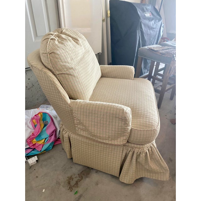 Custom upholstered chair by Calico Corners. Fabric is a polyester blend. No imperfections other than that it has been...