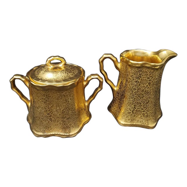 Vintage Wheeling Decorating Company WDC Ransom Creamer and Sugar Bowl Doves Roses Daisies For Sale