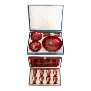 C. 1940s Showa Era Japanese Lacquered Sake and Bowls Sets in Original Cases