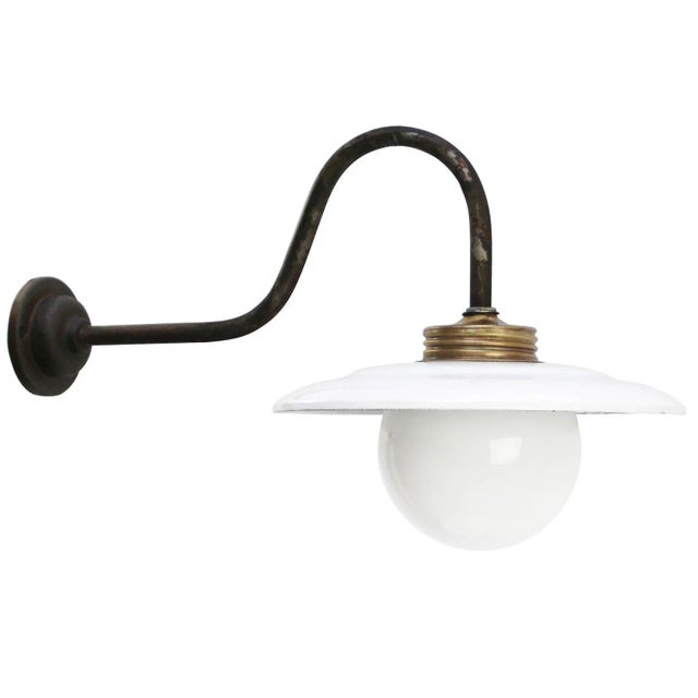 Mid-Century Modern Vintage Industrial White Enamel, Brass and White Opaline Wall Light For Sale - Image 3 of 8