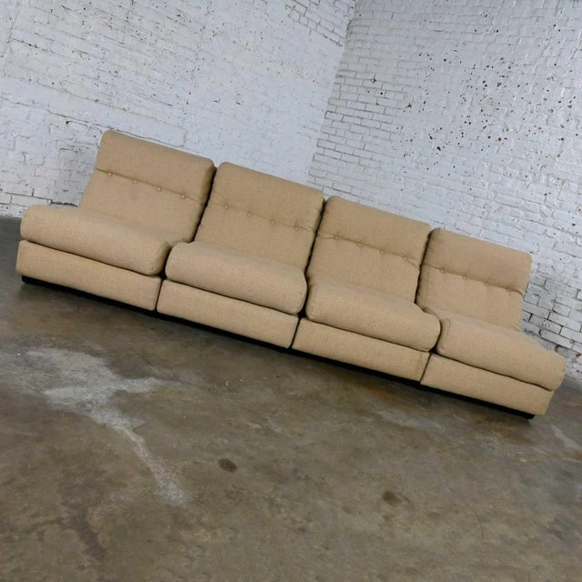 Awesome vintage Scandinavian Modern khaki hopsacking fabric 4-piece modular sofa made in Sweden. Beautiful condition,...