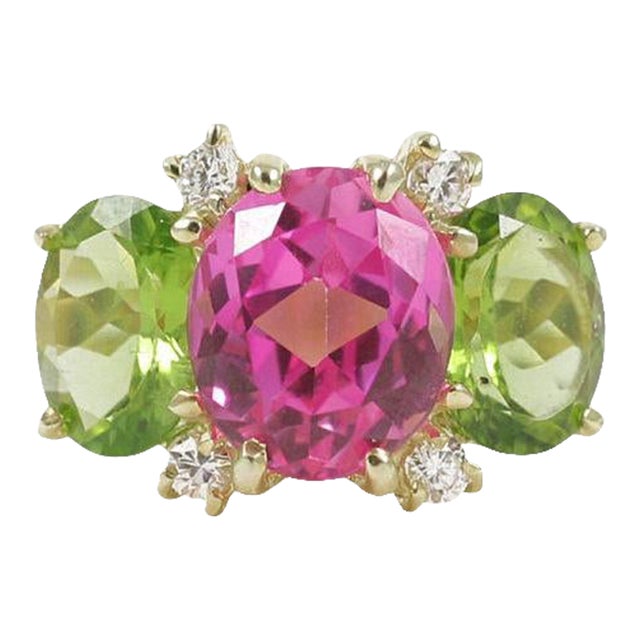 Christina Addison Medium Gum Drop™ Ring With Pink Topaz and Peridot and Diamonds For Sale