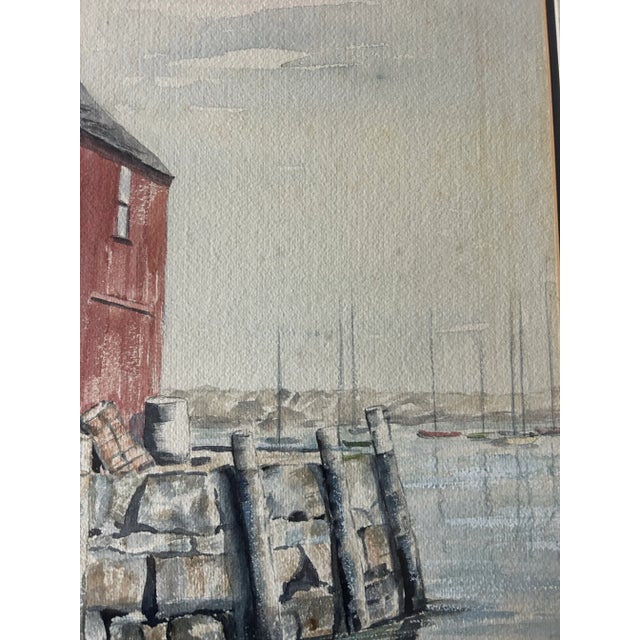 Brick Red Vintage Original Watercolor of Seagull on Dock Coastal Landscape For Sale - Image 8 of 9