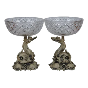 Mid Century Cut Crystal & Metal Delphin Dolphin Centerpiece Compote Bowls- Set of 2
