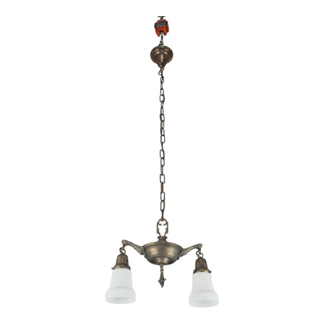 Mid 20th Century Restored Victorian Two Light Brass Pan Pendant Light For Sale