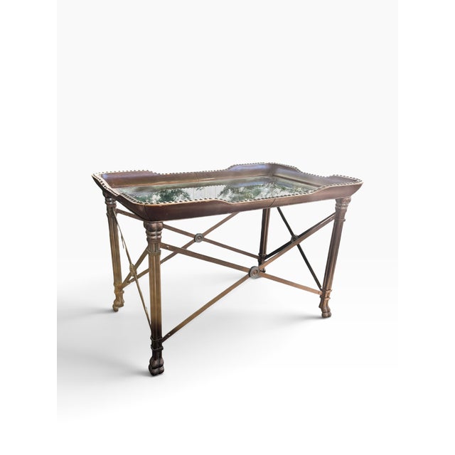 Rustic European 2000s Attributed to Maitland-Smith Leather, Iron & Glass Nailhead Coffee Table For Sale - Image 3 of 11