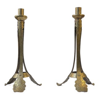 Tall Art Nouveau Leaves Tri-Stand Candleholders in Engraved Brass, 1900s, Set of 2 For Sale