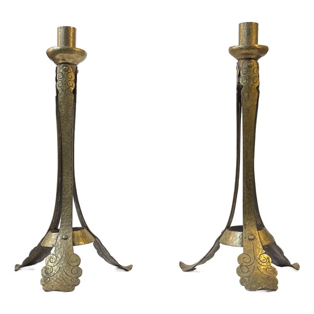 Tall Art Nouveau Leaves Tri-Stand Candleholders in Engraved Brass, 1900s, Set of 2 For Sale