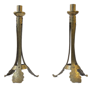 Tall Art Nouveau Leaves Tri-Stand Candleholders in Engraved Brass, 1900s, Set of 2