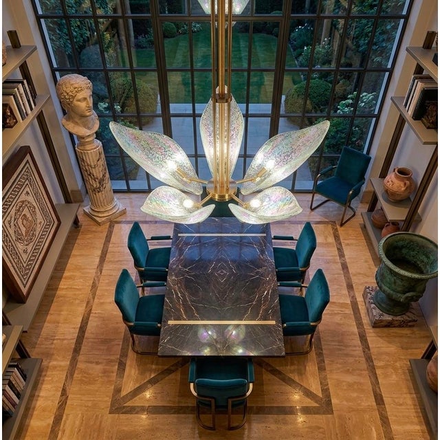 1970s Vintage Murano Glass & Brass Chandelier With Iridescent Petal Shades, Italy 1970s For Sale - Image 5 of 5