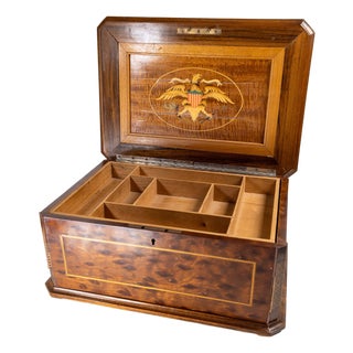 20th Century American Mahogany Jewelry or Sewing Box With Patriotic Eagle For Sale