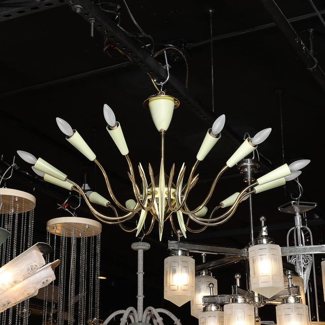 Mid-Century Polished Brass & Green Enamel 12 Light Chandelier by Stilnovo For Sale - Image 17 of 18