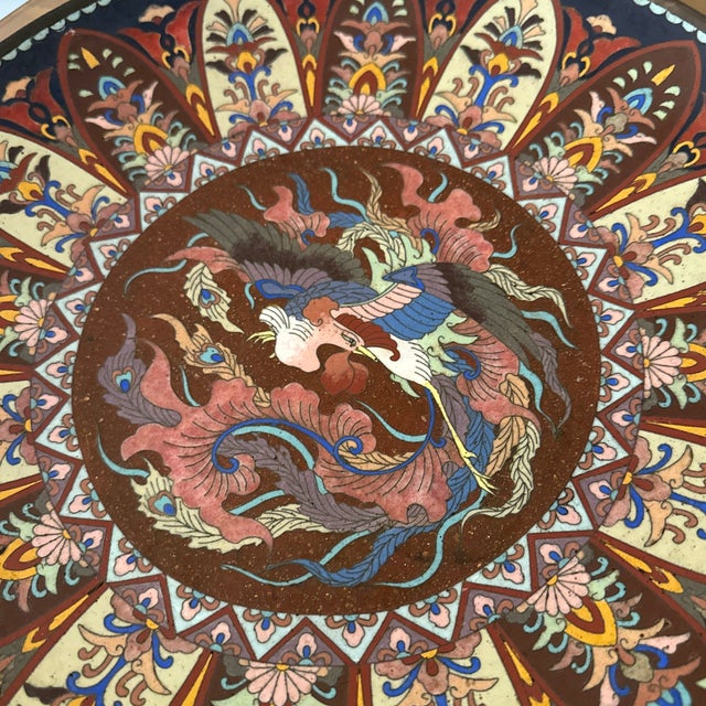 Paint 19th Century Meji Period Large Cloisonne Enamel Phoenix Plate For Sale - Image 7 of 12