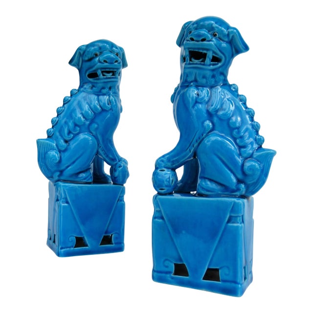 Vintage C1970's-1980's Ceramic Glazed Peacock Cerulean Blue Foo Dogs -A Pair For Sale