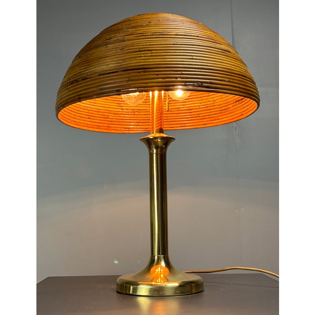 Mid-Century Italian Pencil Reed, Rattan and Brass Mushroom Table Lamp, 1970s For Sale - Image 10 of 17