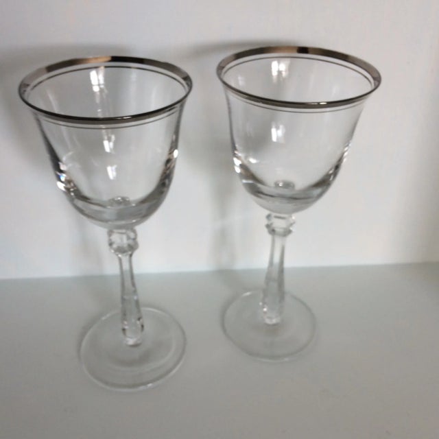 Vintage Double Line Platinum Rim Crystal Wine Glasses - a Pair For Sale - Image 10 of 13