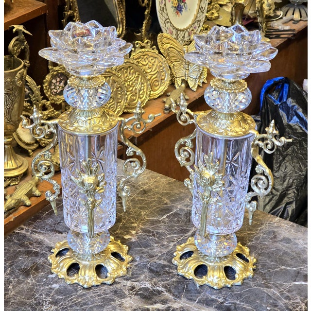 Italian Italian Style Luxury Brass and Crystal Candlestick Set of 2 Decorative Accent For Sale - Image 3 of 4