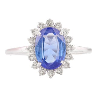 Oval Cut Royal Sapphire Diamond Halo Ring Size 7 in 14k Solid White Gold For Sale